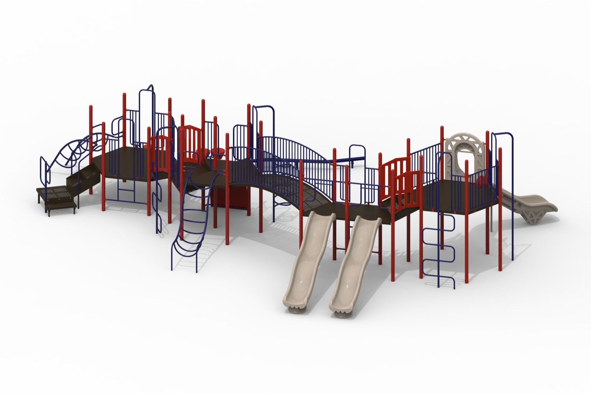 Outdoor playground structure with red and blue metal frames, multiple slides, climbers, bridges, and platforms