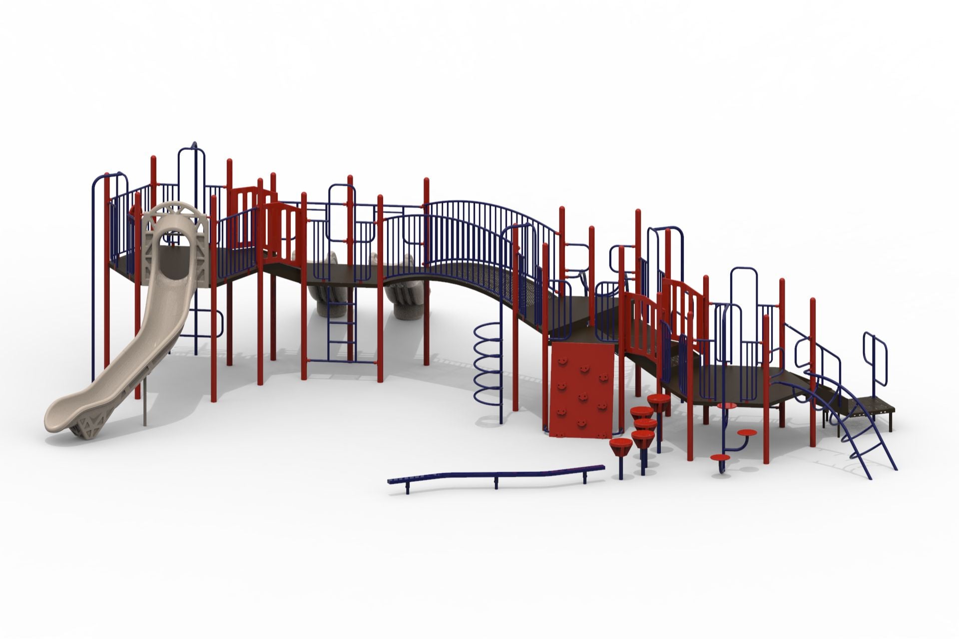 Large outdoor playground with red and blue slides, climbing walls, bridges, and various climbing structures.