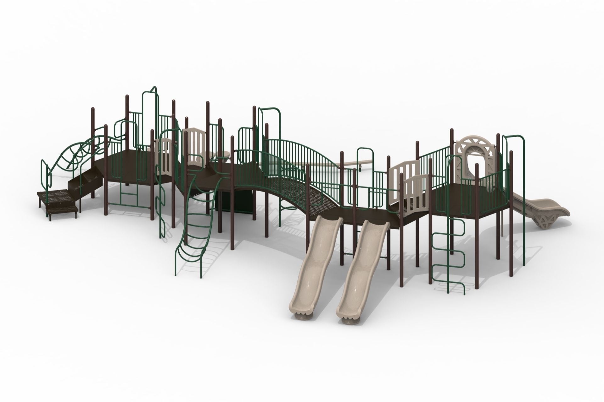 Outdoor playground structure with multiple slides, climbing elements, bridges, and platforms in natural earth tones