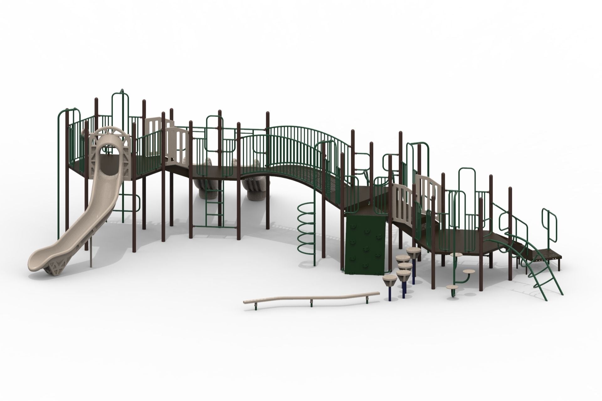 Grand Canyon WillyGoat Playground with green-brown decks, arch bridge, spiral climber, rock wall, balance beam, and slides