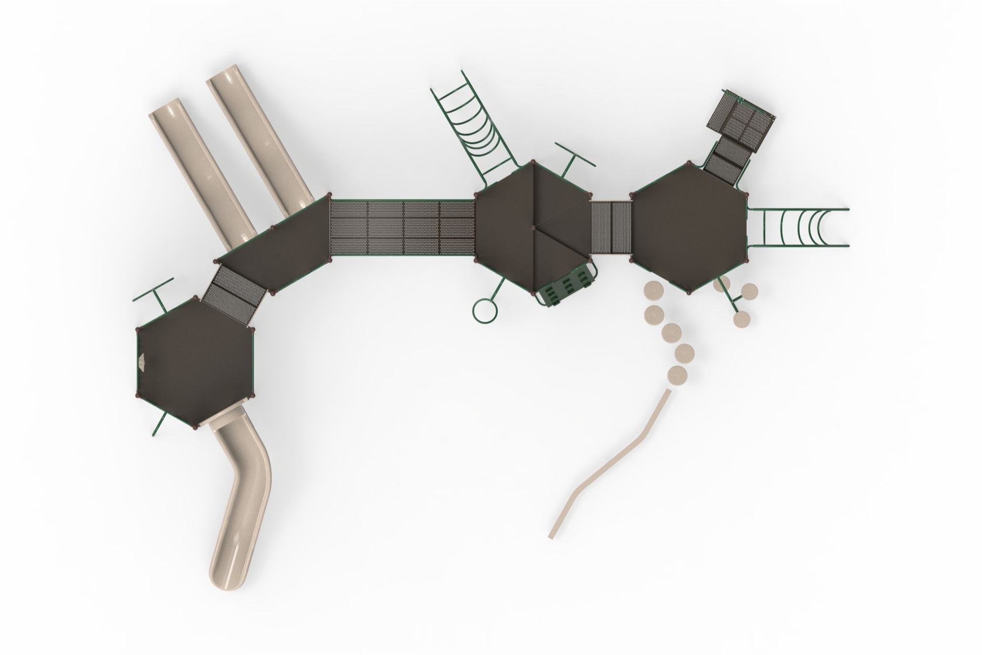 Overhead view of a large playground system with multiple slides, climbers, bridges, and platforms in neutral tones and green accents