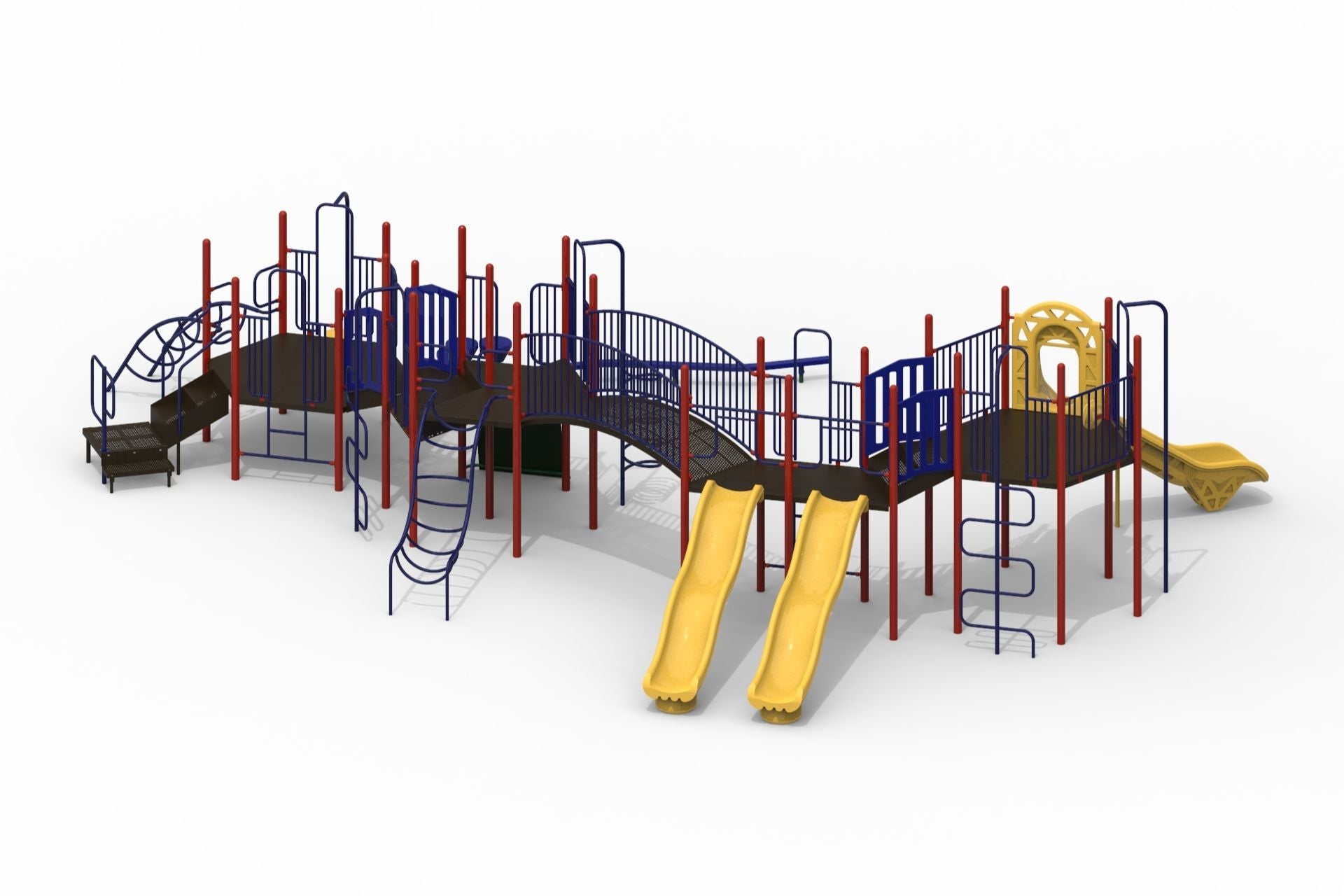 Colorful outdoor playground with multiple slides, climbing ladders, bridges, platforms, and various climbers in red, blue, and yellow.