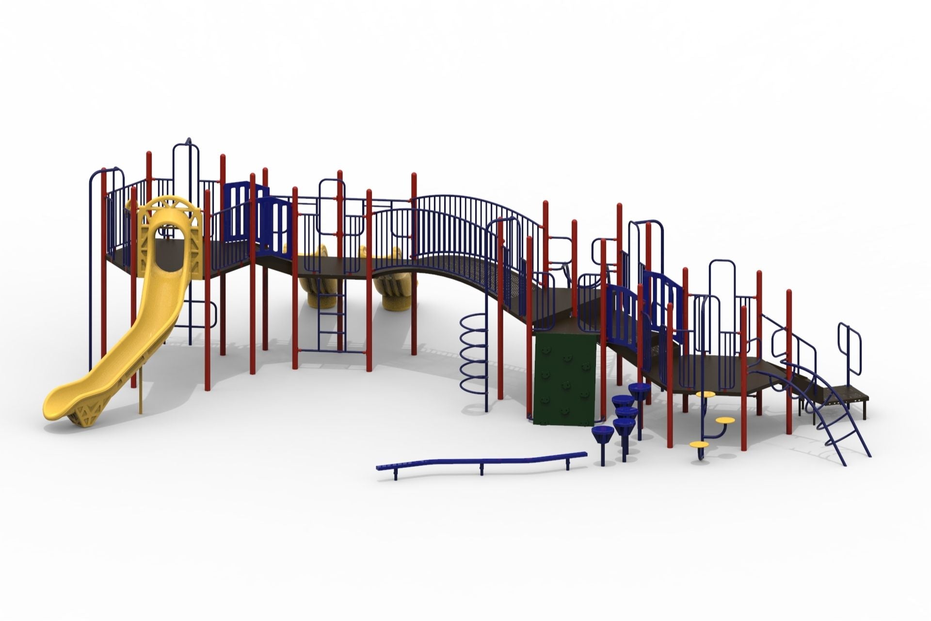 Outdoor playground structure with yellow slide, red and blue climbing frames, bridges, and various climbing elements