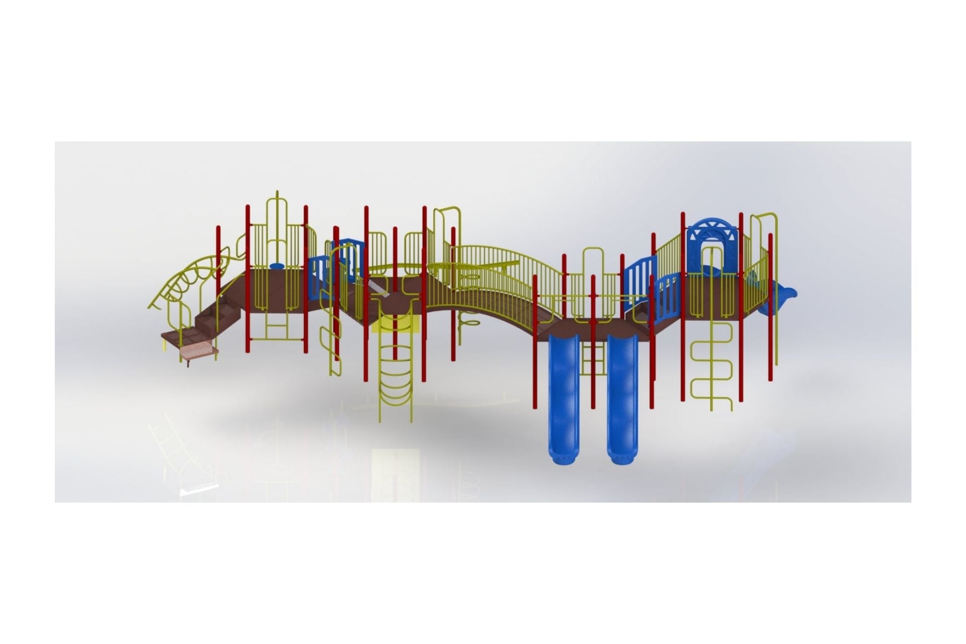 Outdoor playground structure with red posts, yellow climbing frames, blue slides, multiple platforms, stairs, and bridges