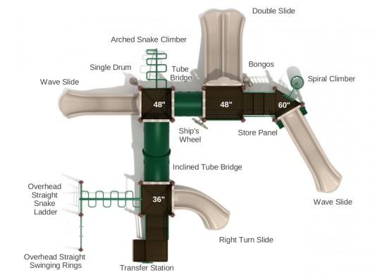 Overhead view of a large playground structure with multiple slides, tube bridges, climbers, musical panels, and swinging rings
