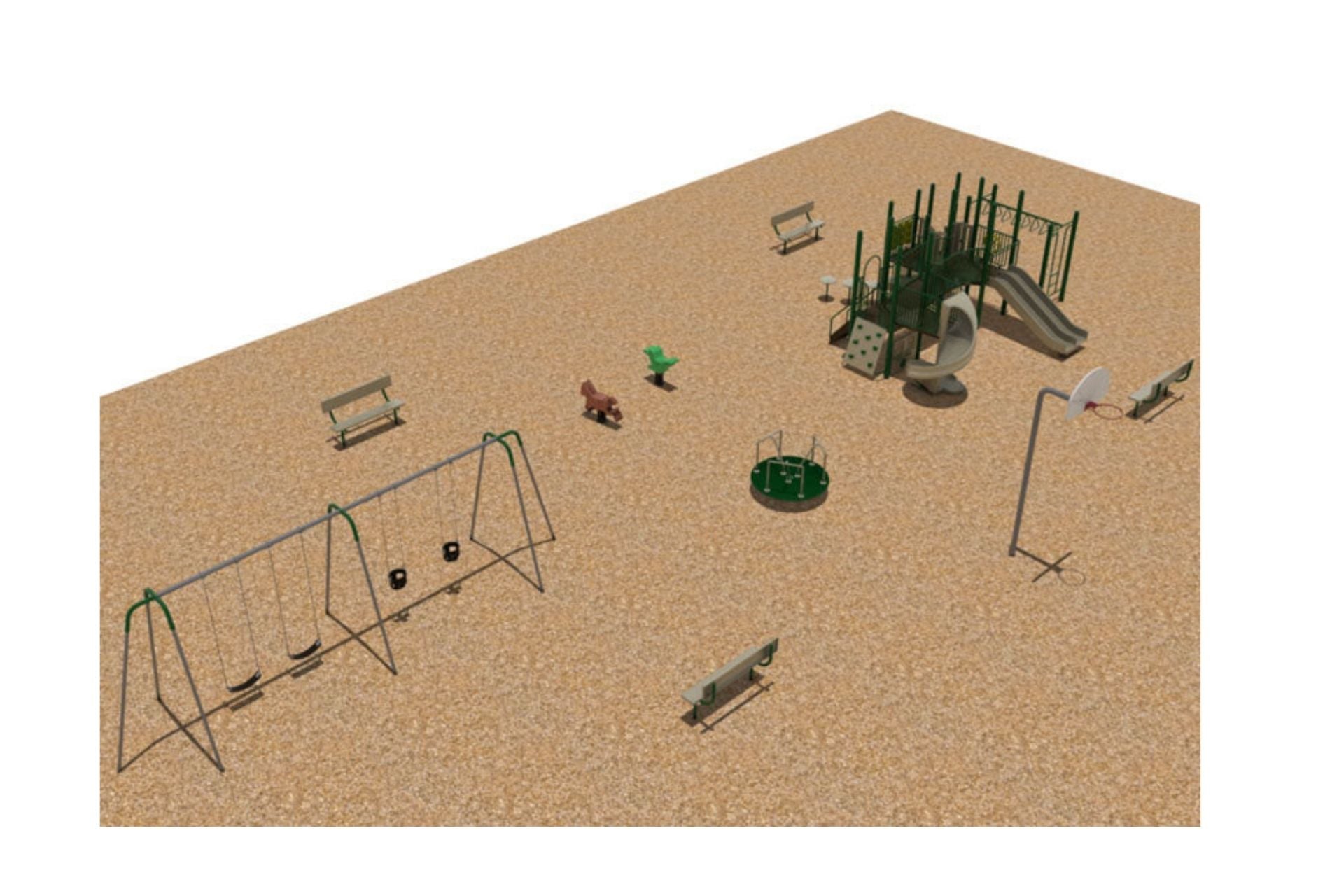 Great Basin WillyGoat Playground with green and beige play system, spiral and triple rail slides, swings, spring riders, merry-go-round, benches, basketball hoop on wood chip ground