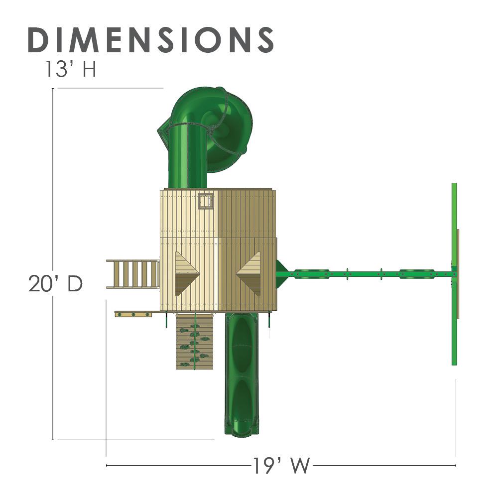 Overhead view of wooden playset with green tube slide, rock climbing wall, dual swings, trapeze swing, and basketball hoop