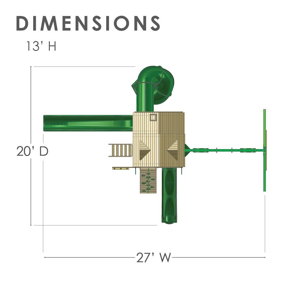 Overhead view of wooden playset with three green slides, climbing wall, swings, and wood roof platform