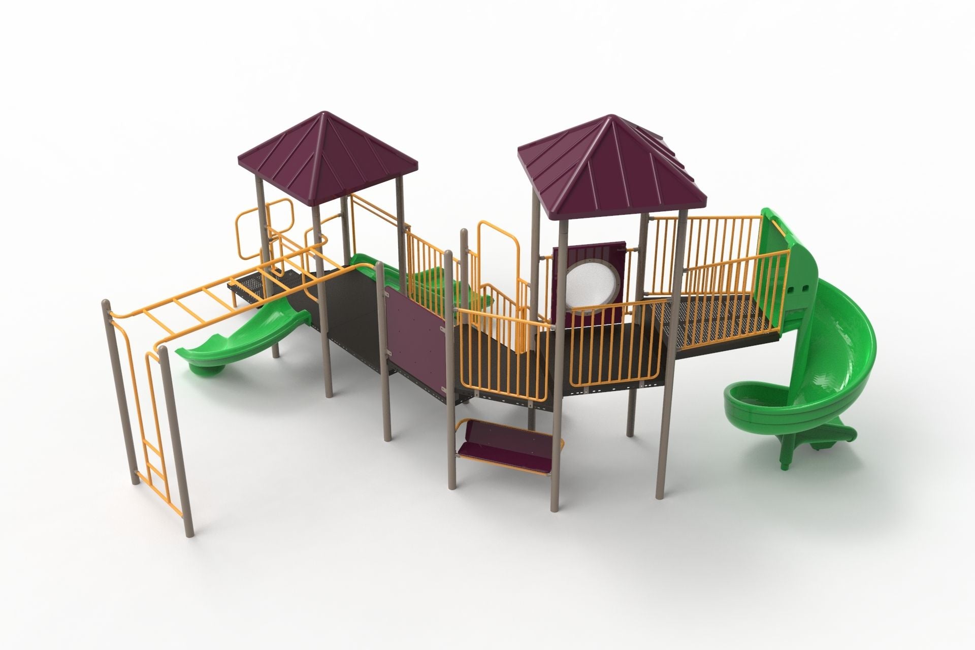 Elevated playground structure with two purple pyramid roofs, green slides, orange railings, climbing elements, and multiple play panels