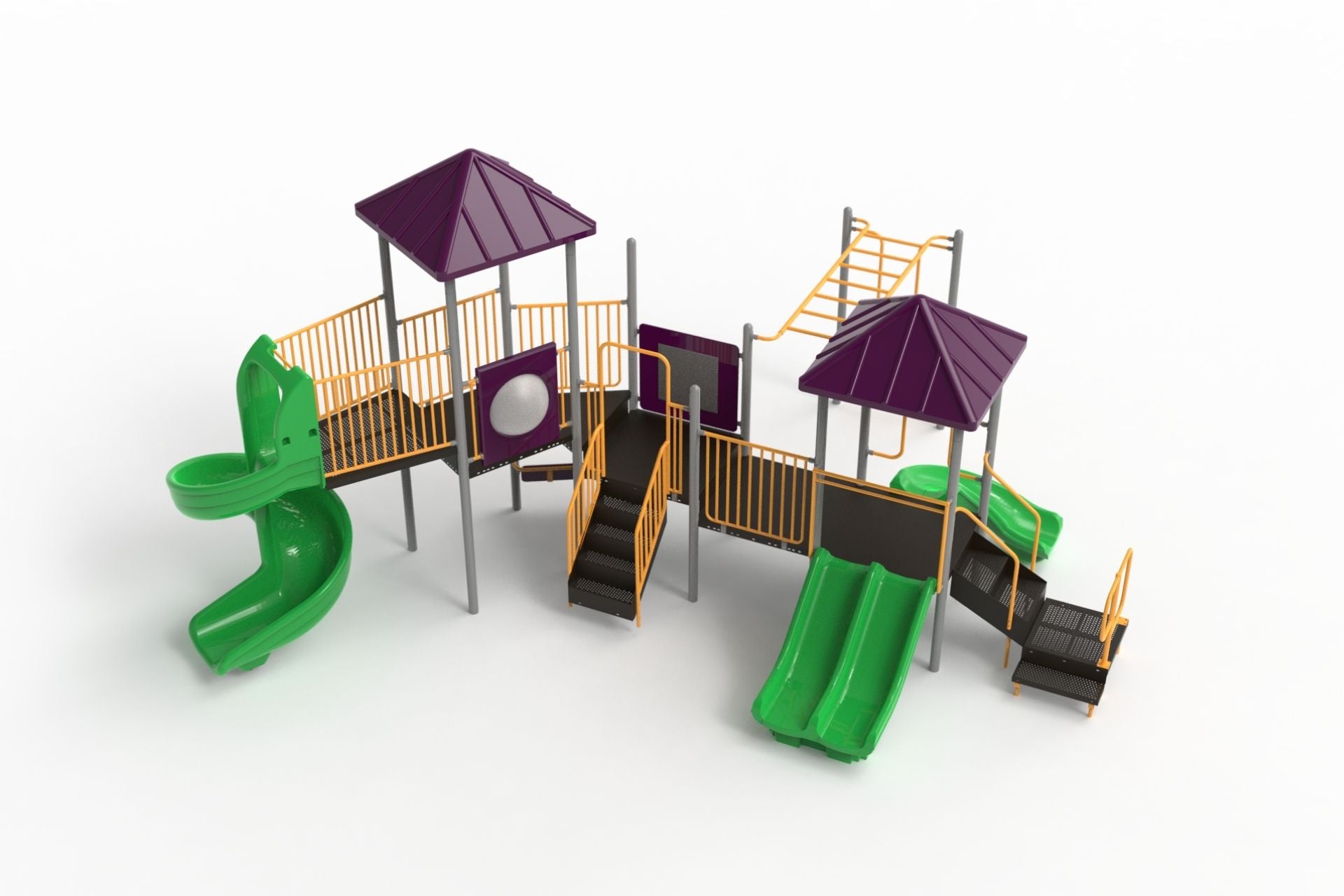 Elevated playground structure with purple pyramid roofs, green slides, orange railings, climbing features, and multiple play panels