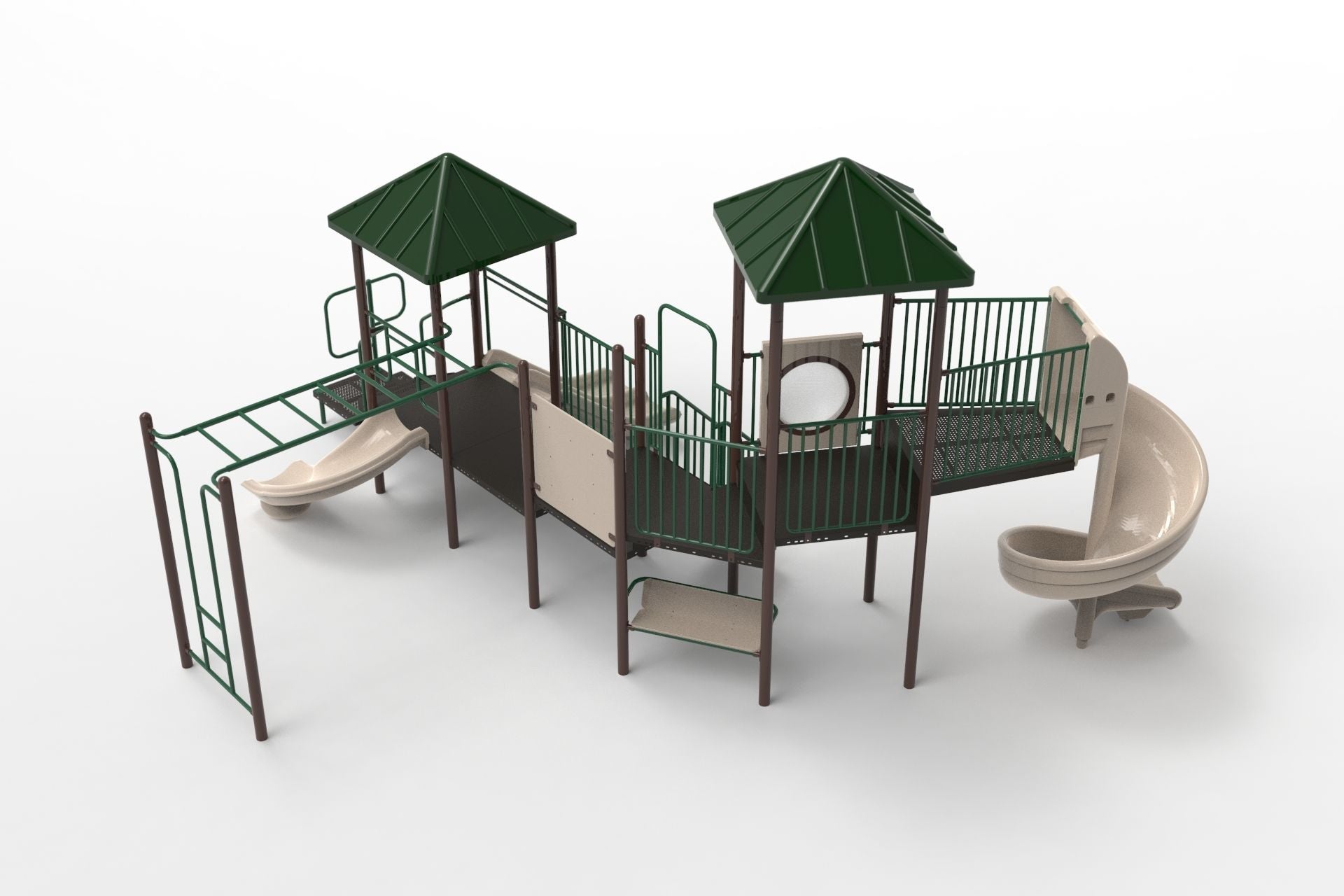 Elevated natural-toned playground with green pyramid roofs, spiral and straight slides, climbing ladder, horizontal bars, and multiple play panels