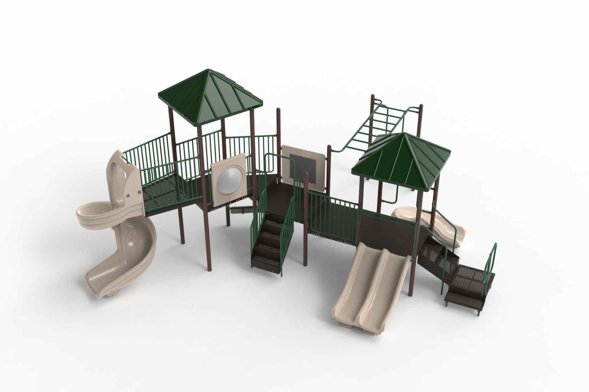 Great Smokies WillyGoat Playground with green pyramid roofs, beige spiral and triple rail slides, climbing ladder, and interactive panels