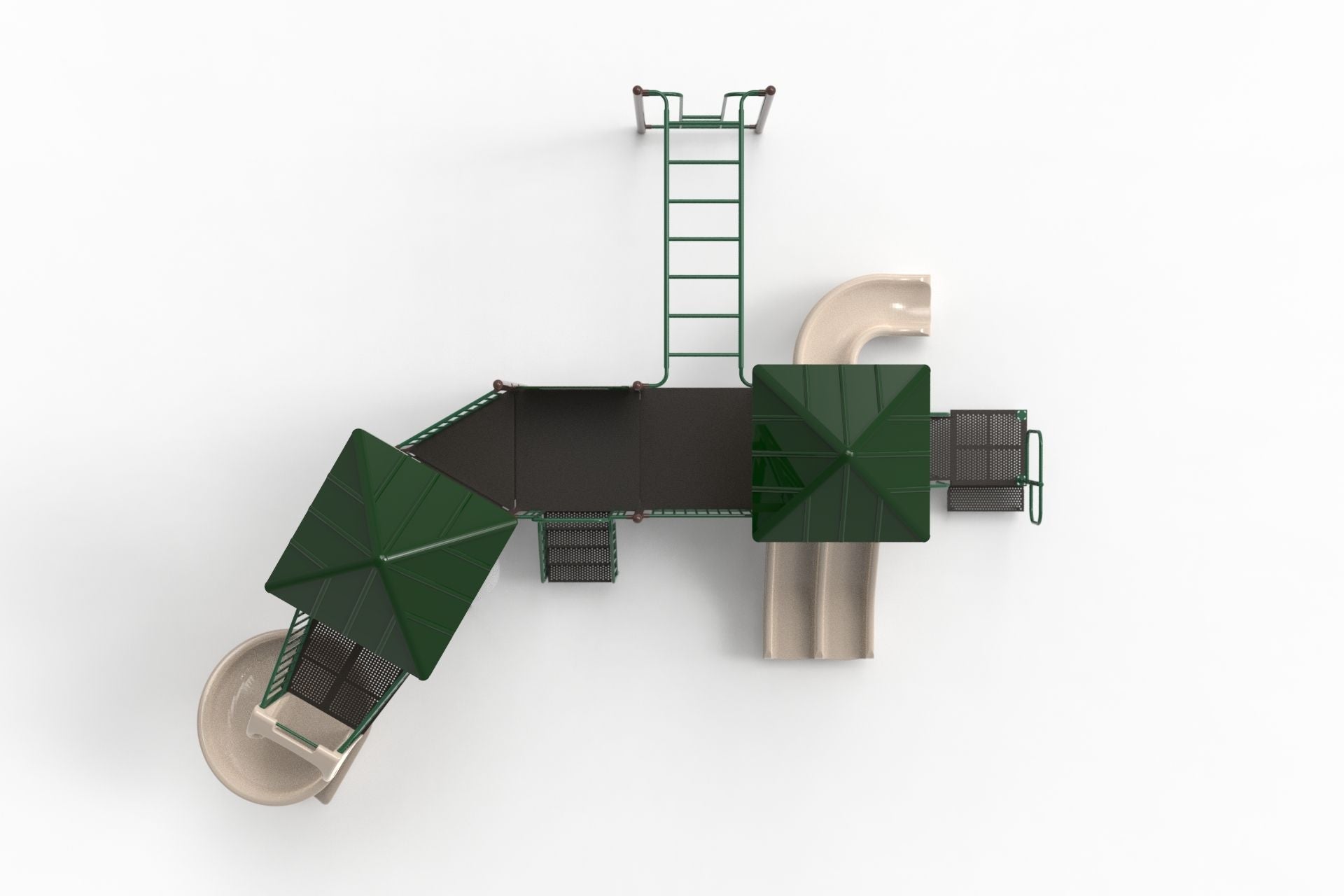 Overhead view of a large playground with green pyramid roofs, beige slides, horizontal ladder, and climbing structures