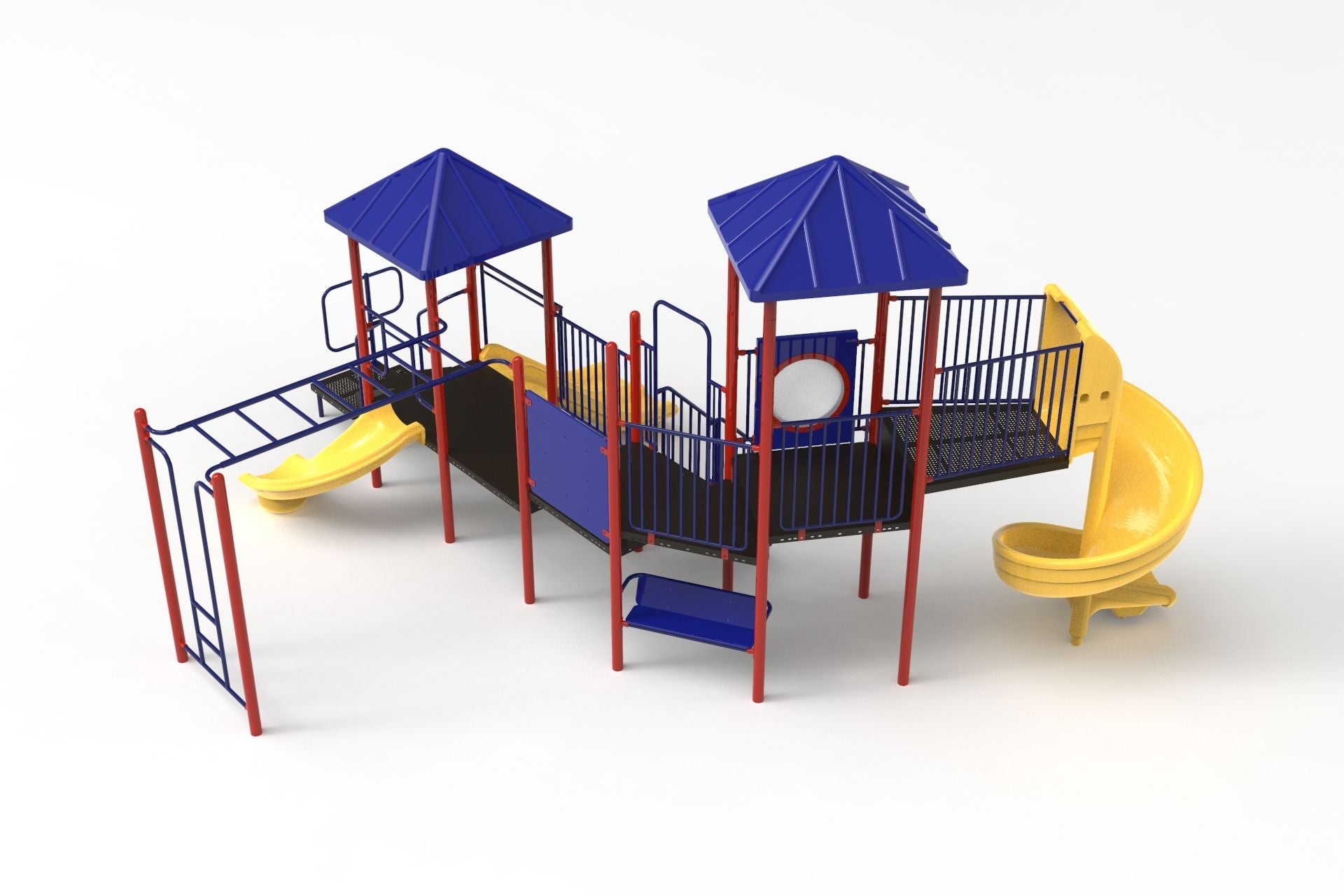 Colorful playground structure with blue pyramid roofs, red posts, yellow slides, climbing ladder, and interactive play panels