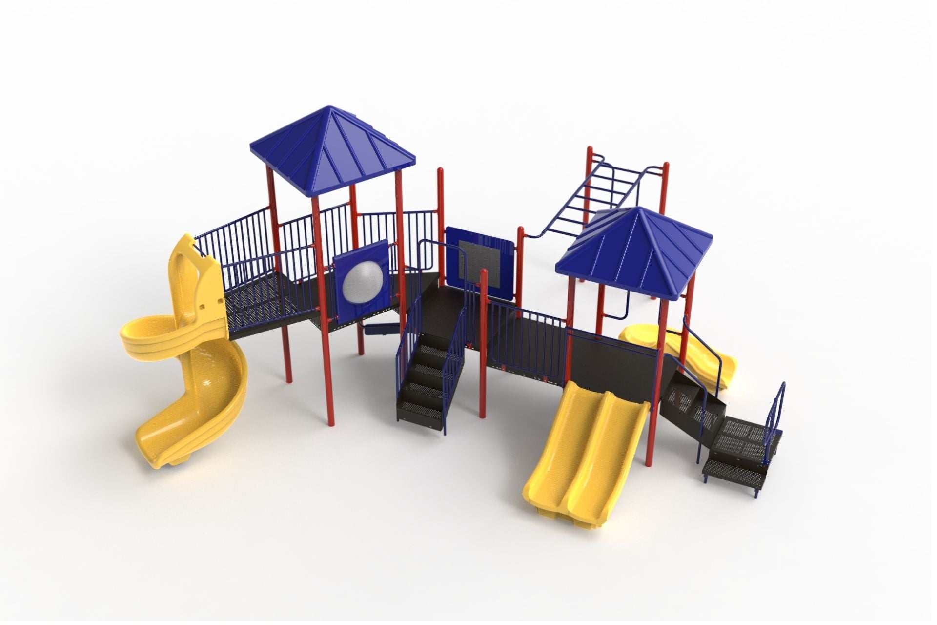 Elevated playground with blue pyramid roofs, red supports, yellow slides, climbing ladder, horizontal monkey bars, and spiral slide