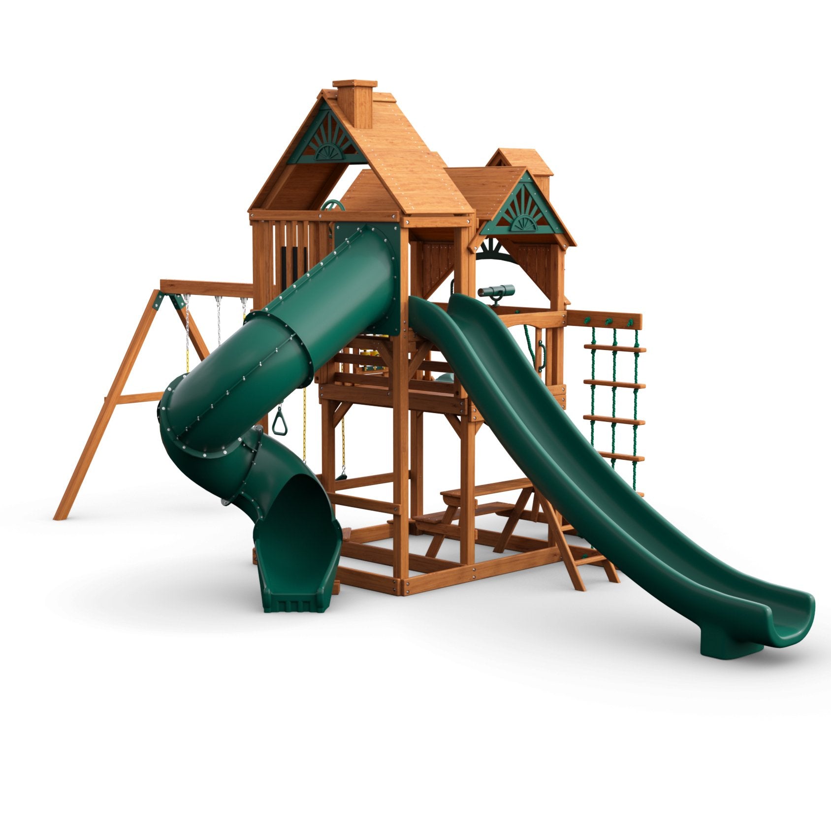 Wooden playset with amber finish featuring two green slides, climbing rope ladder, swings, and built-in picnic table