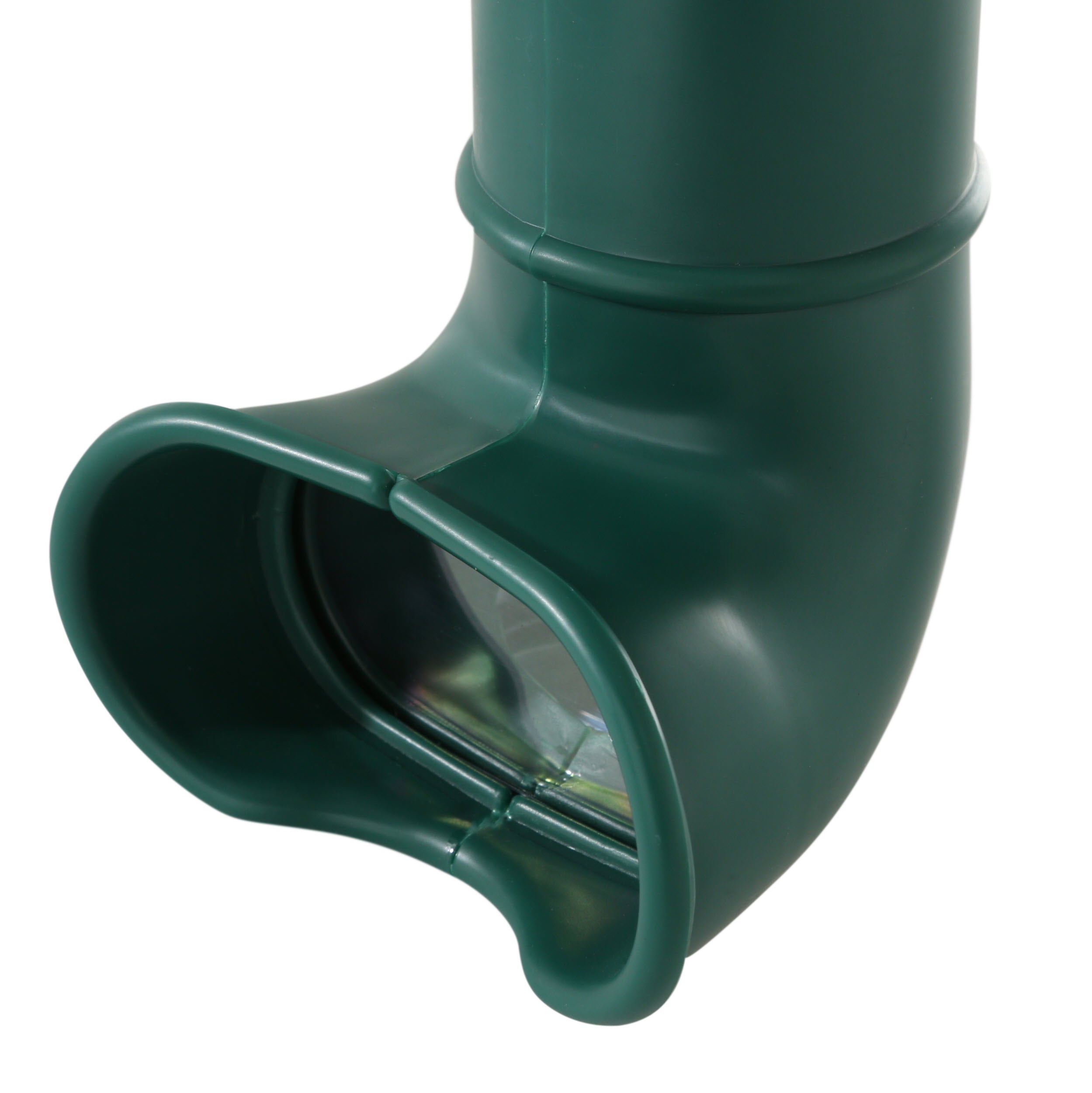 Green polyethylene periscope with clear lens and mirror, designed as a swing set accessory with mounting bracket included.