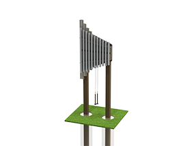 Tan metallophone with anodized aluminum chimes mounted on adjustable posts over green ground panel