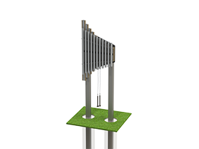 Tan anodized aluminum metallophone with 11 chimes on adjustable steel posts for outdoor musical play.