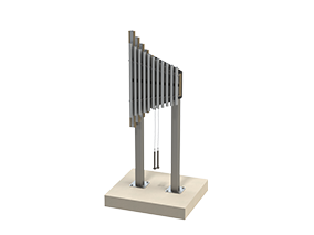 Tan anodized aluminum metallophone with 11 chimes on adjustable steel posts mounted on a surface base