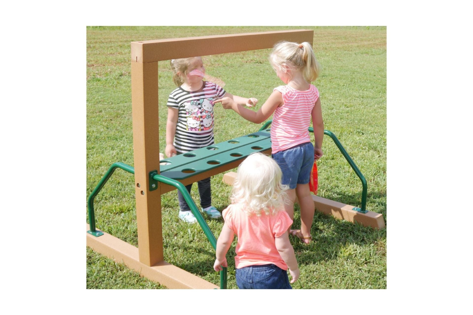 Group Art Easel Panel Commercial Play Event with three children drawing and collaborating outdoors on green grass playground