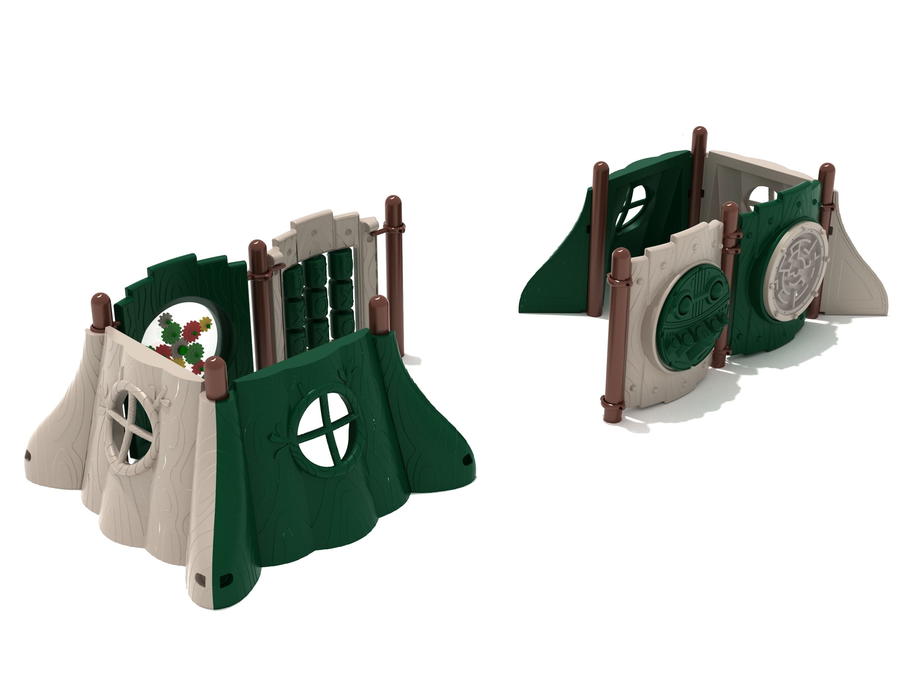 Compact playground structure with green and beige panels featuring interactive gear, ball maze, tic-tac-toe, and percussion play elements.