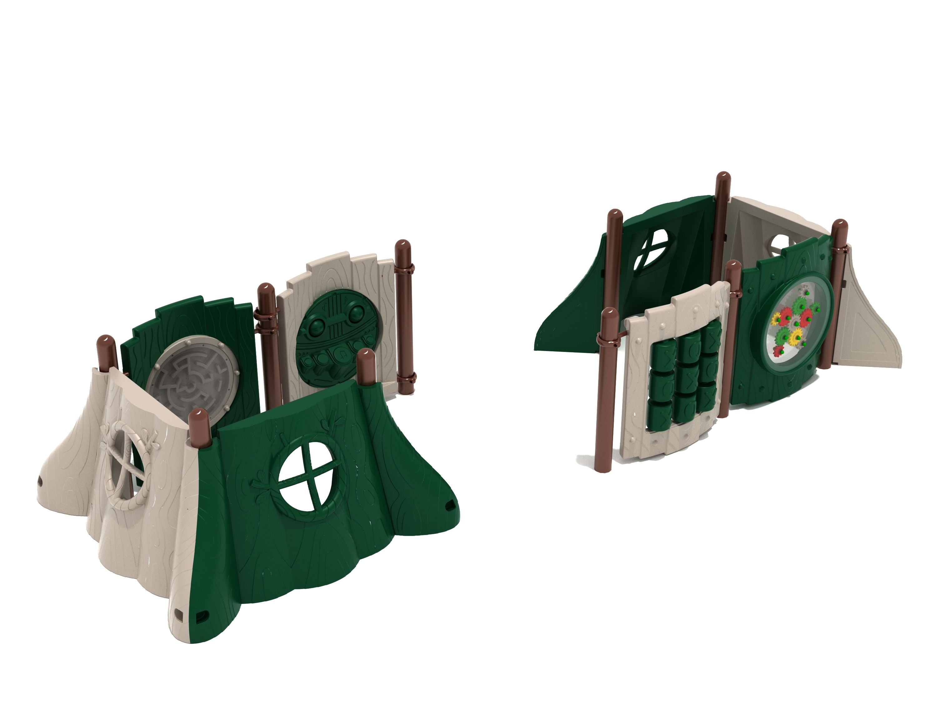 Compact playground structure with green and beige panels featuring interactive gear, ball maze, tic-tac-toe, and percussion play elements