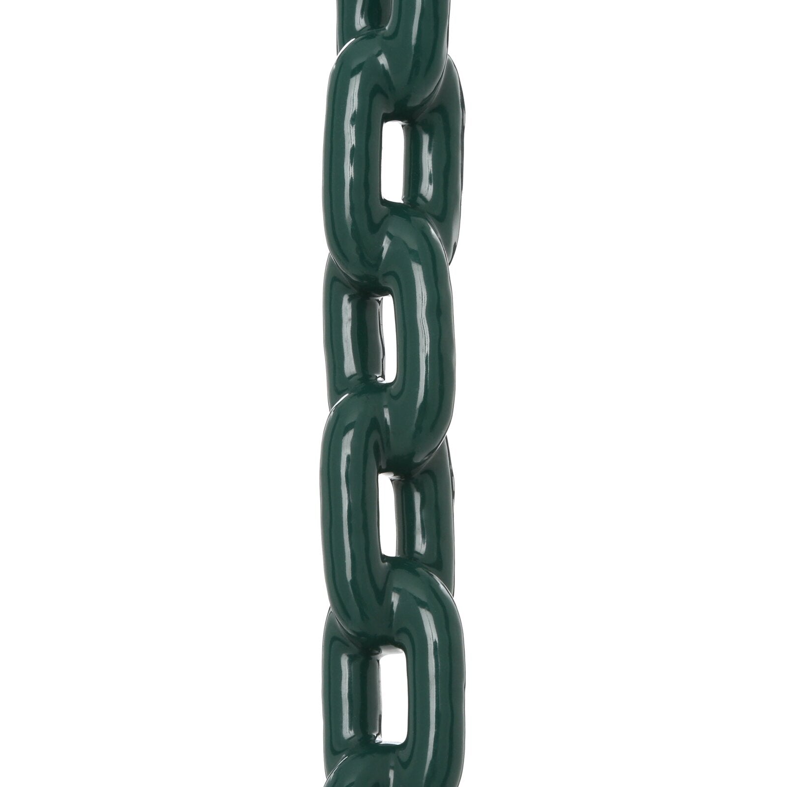 Dark green plastisol-coated swing chains with smooth, glossy finish and safety chain detail on toddler swing seat.