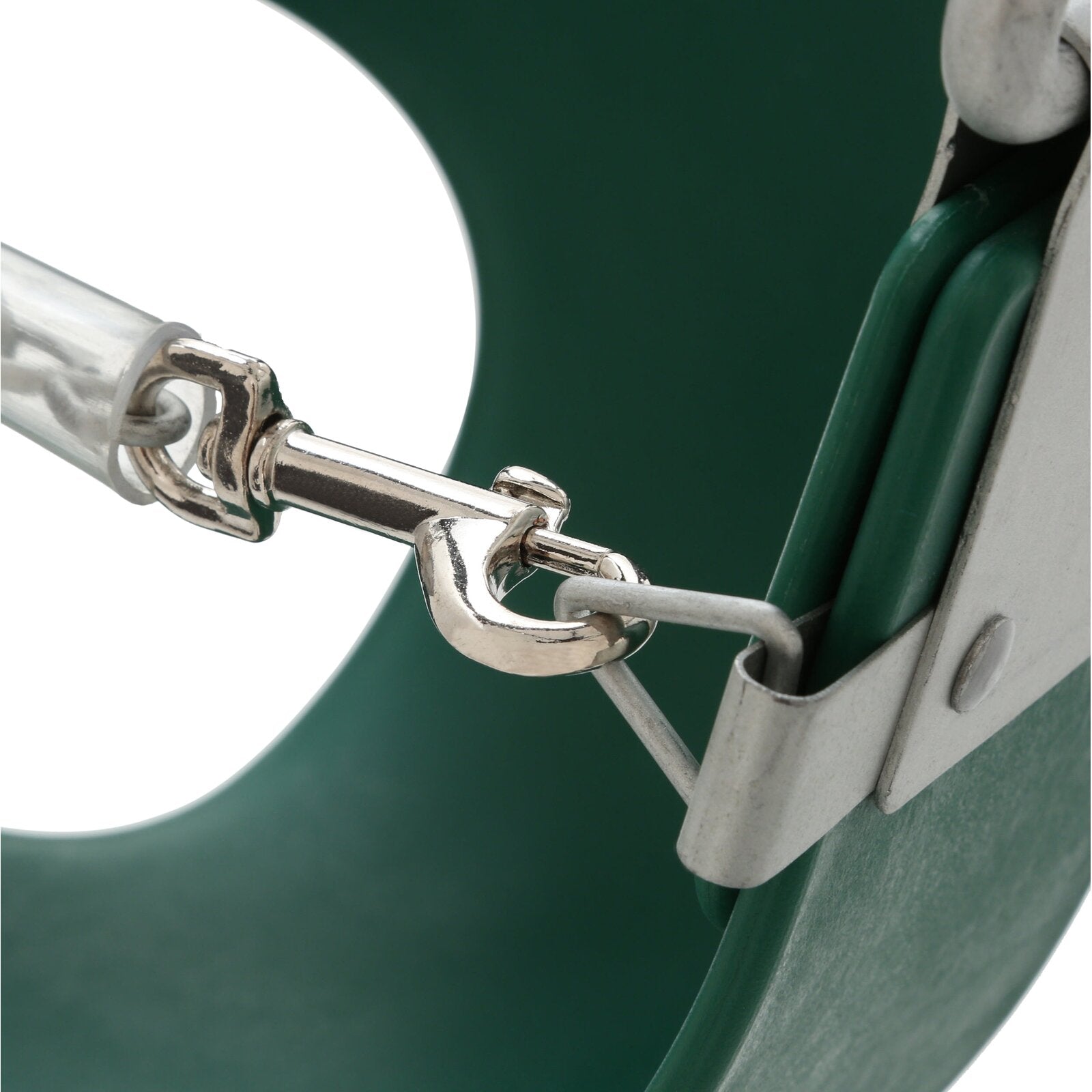 Green toddler swing seat with plastisol-coated chains and metal safety hook attachment