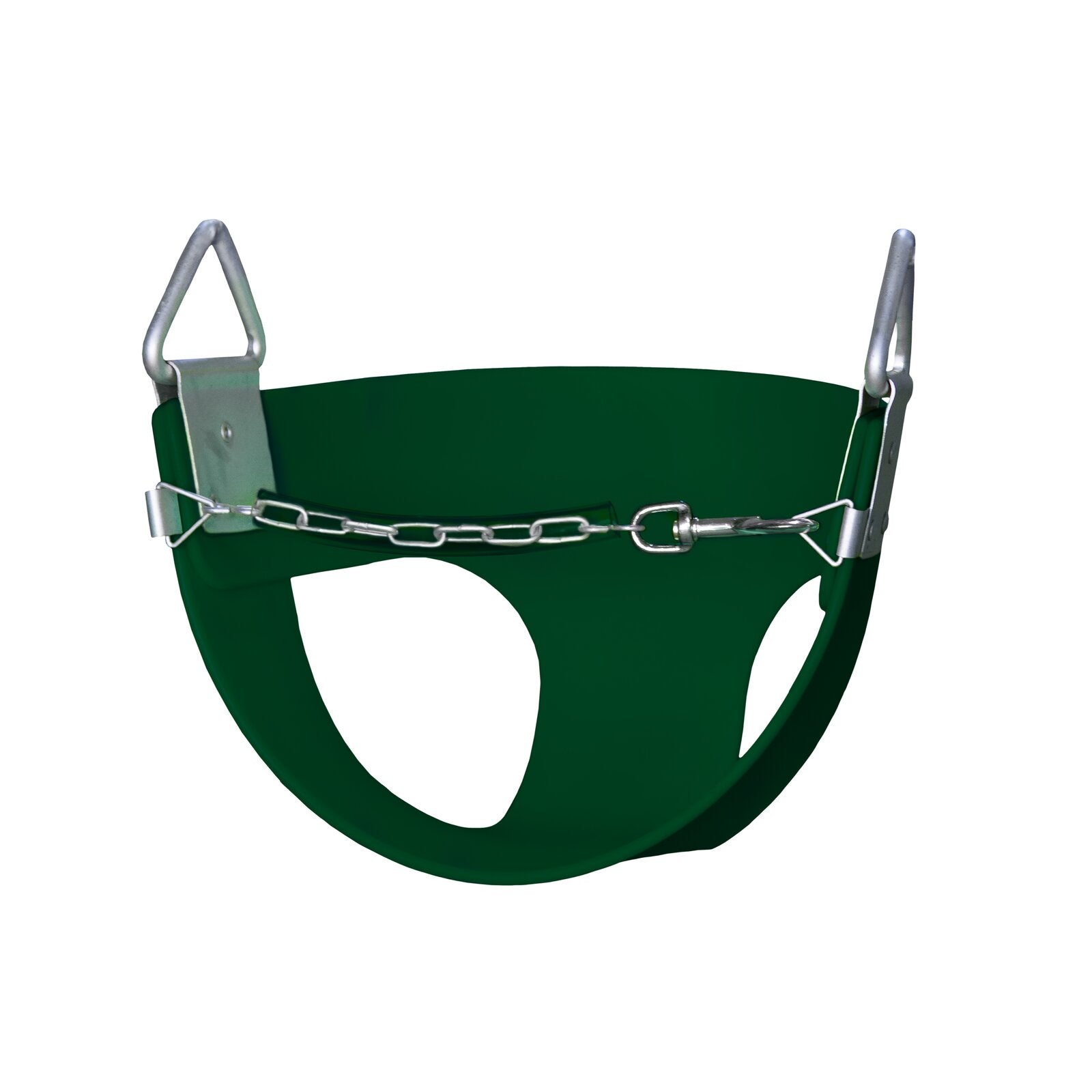 Green toddler half-bucket swing seat with plastisol-coated chains and front safety chain for secure play