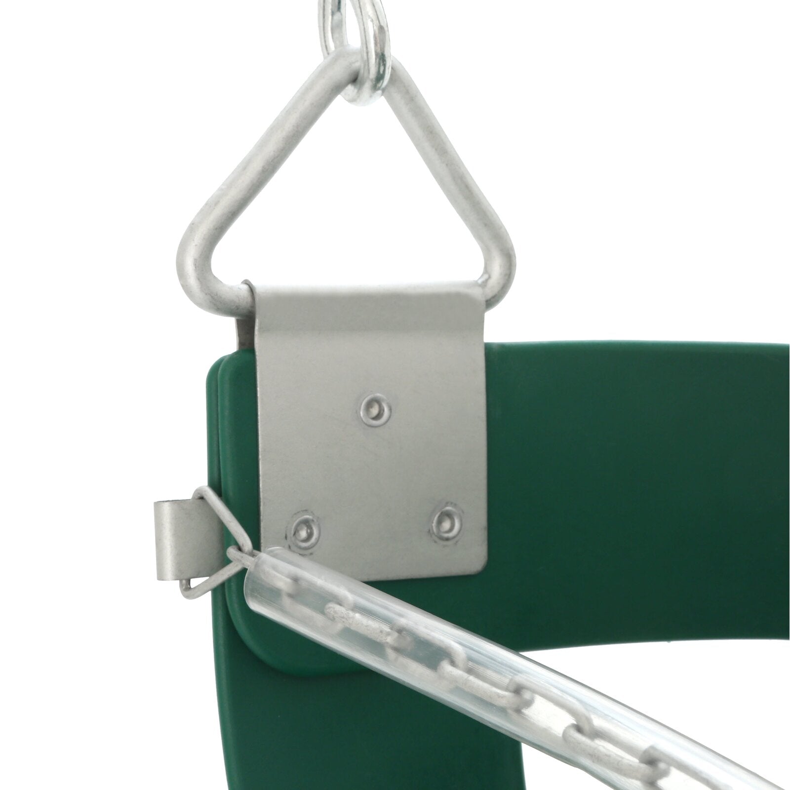 Green toddler half-bucket swing seat with plastisol-coated chains, galvanized metal hangers, and front safety chain