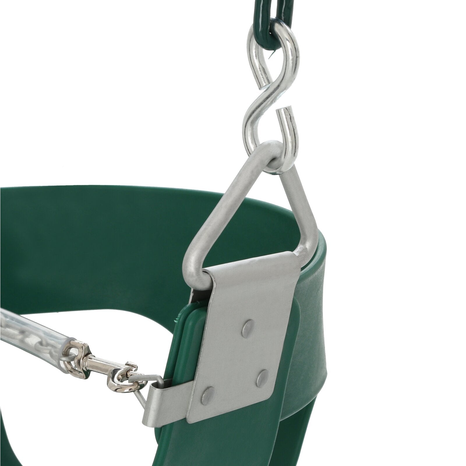 Green toddler half-bucket swing seat with plastisol-coated chains, metal hangers, and front safety chain