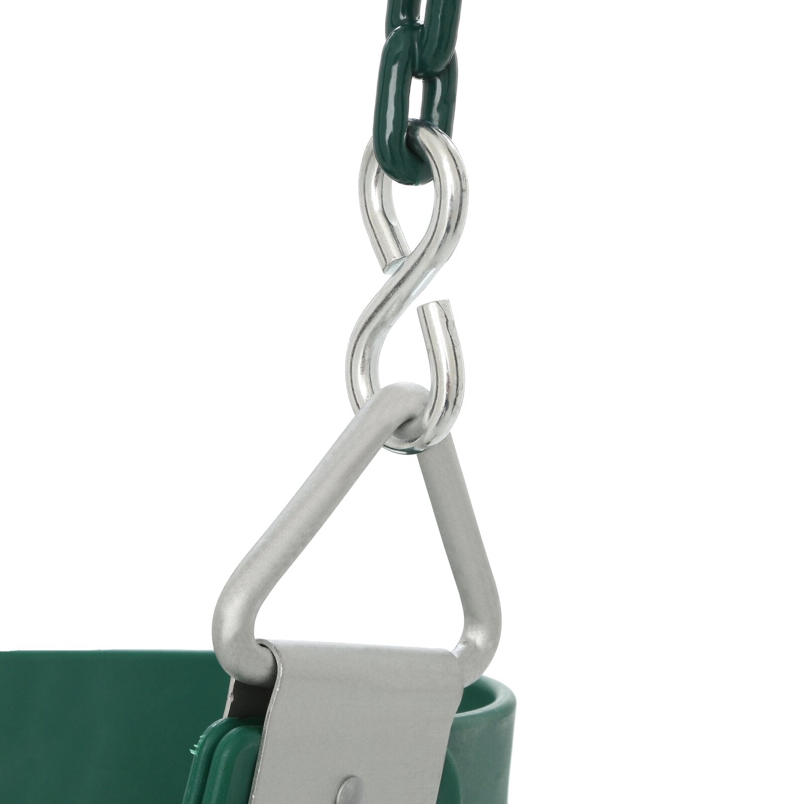 Close-up of plastisol-coated green swing chain with metal S-hook and triangular hanger on toddler half-bucket swing seat with safety chain