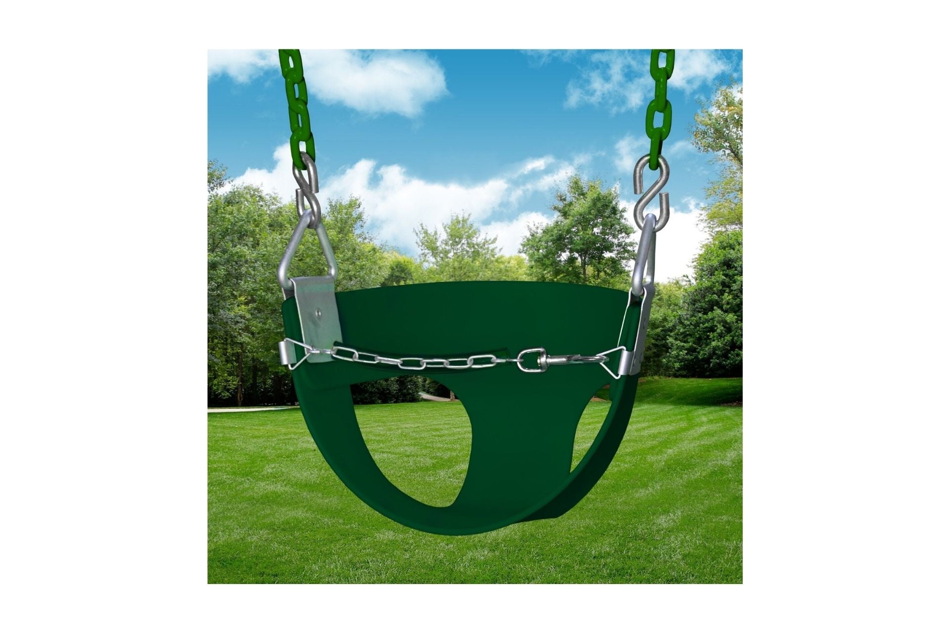 Green toddler half-bucket swing seat with front safety chain and plastisol-coated hanging chains outdoors