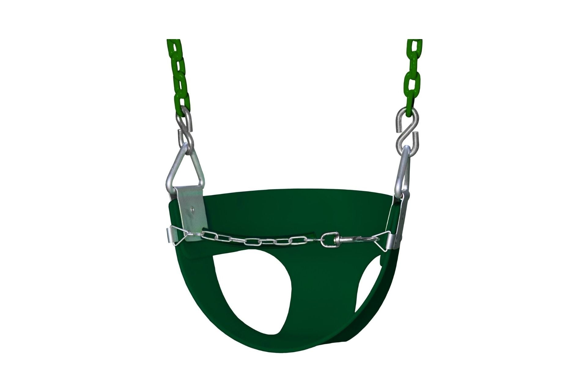 Half Bucket Seat With Chain toddler swing with green molded seat, plastisol-coated hanging chains, and front safety chain