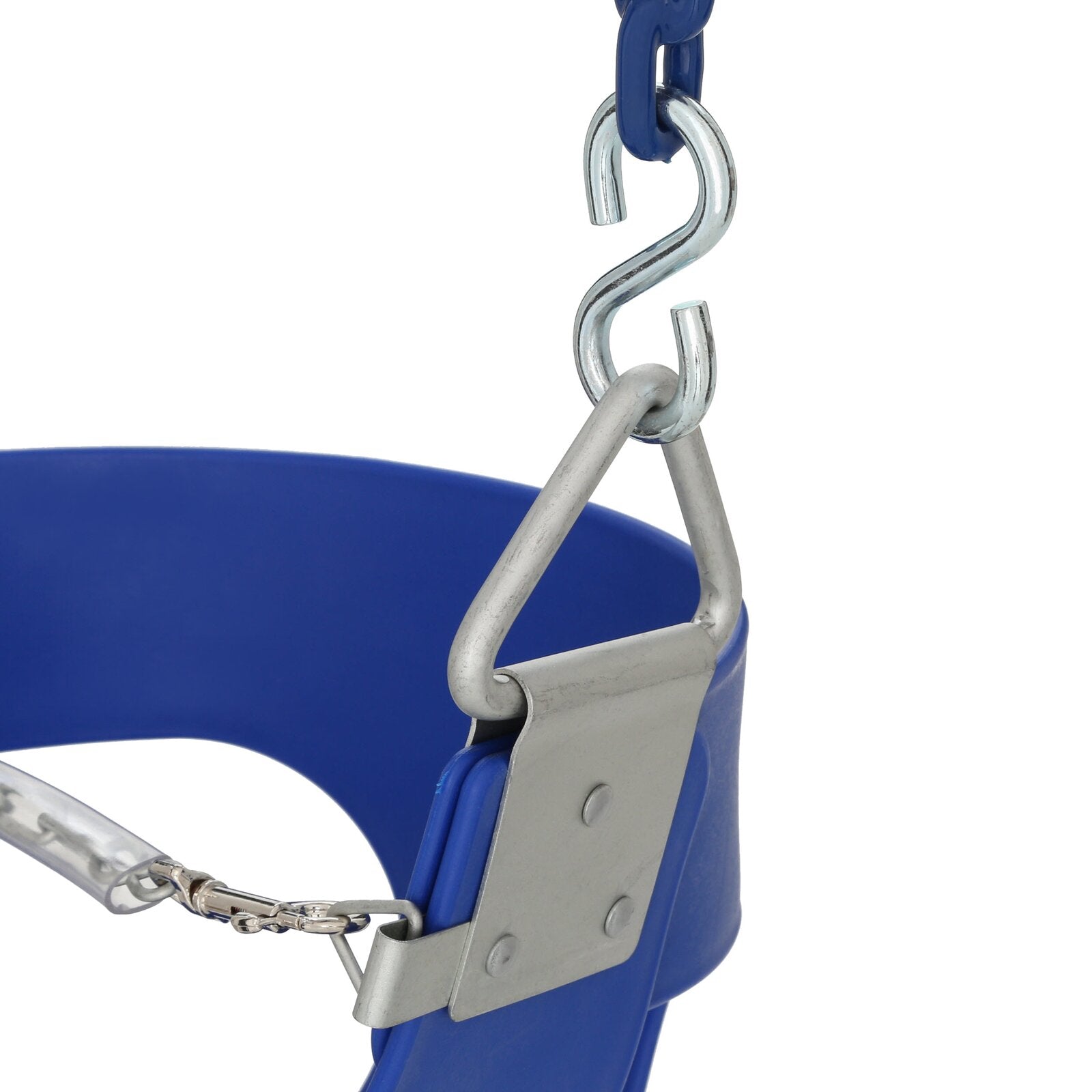 Blue half-bucket toddler swing seat with plastisol-coated chains, safety front chain, and galvanized metal hangers