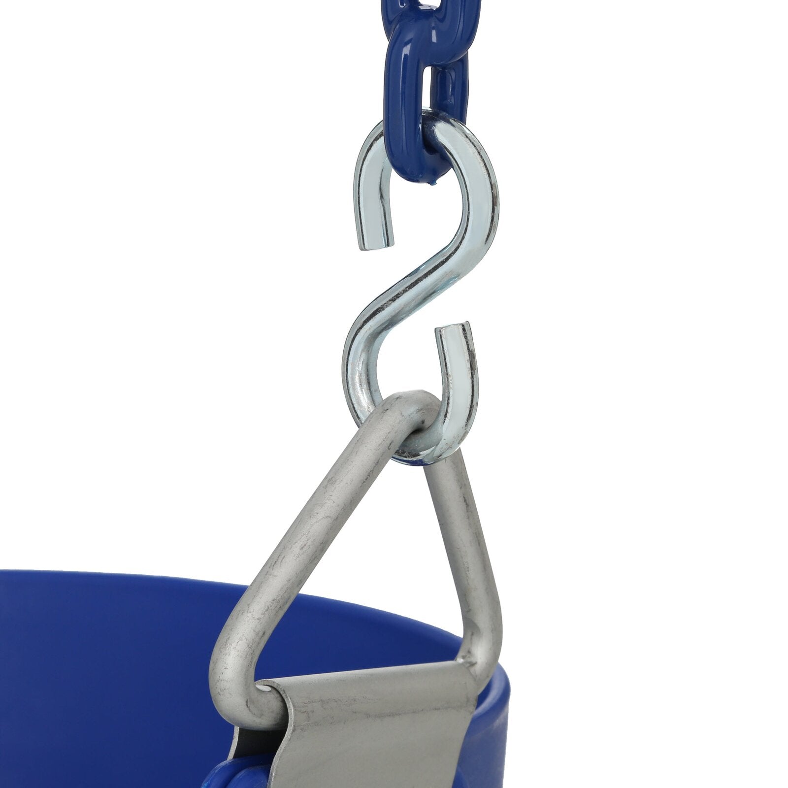 Blue toddler swing seat with plastisol-coated chains and front safety hook for secure seating