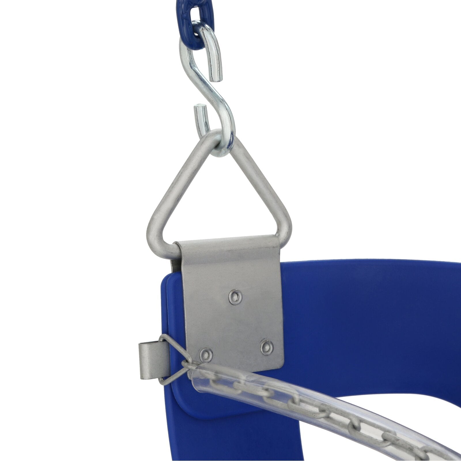 Blue toddler half-bucket swing seat with plastisol-coated safety chains and galvanized metal hangers