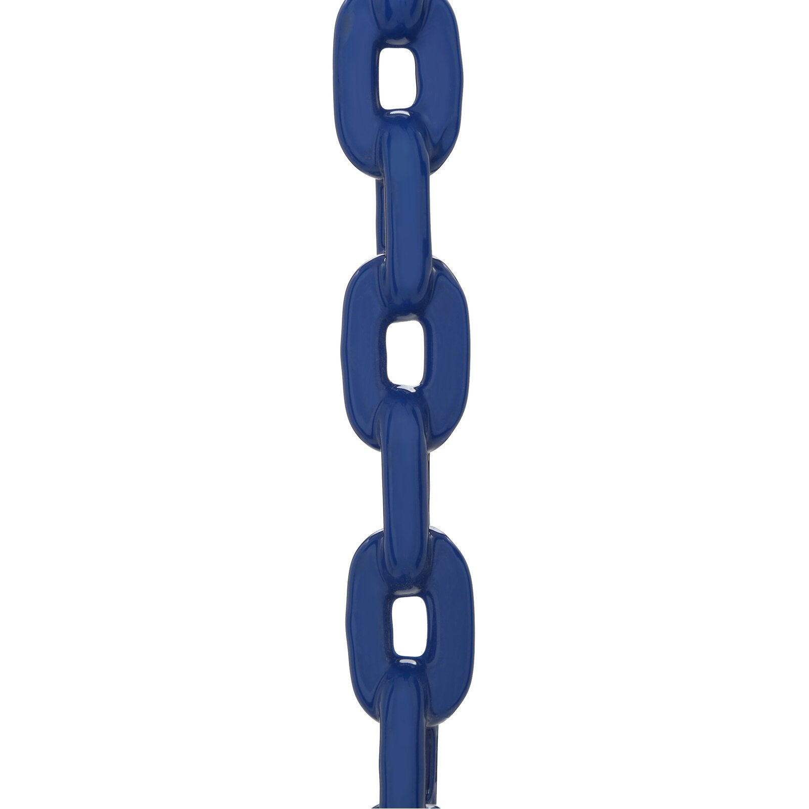 Close-up of blue plastisol-coated swing chains with metal links and safety chain for toddler swing seat
