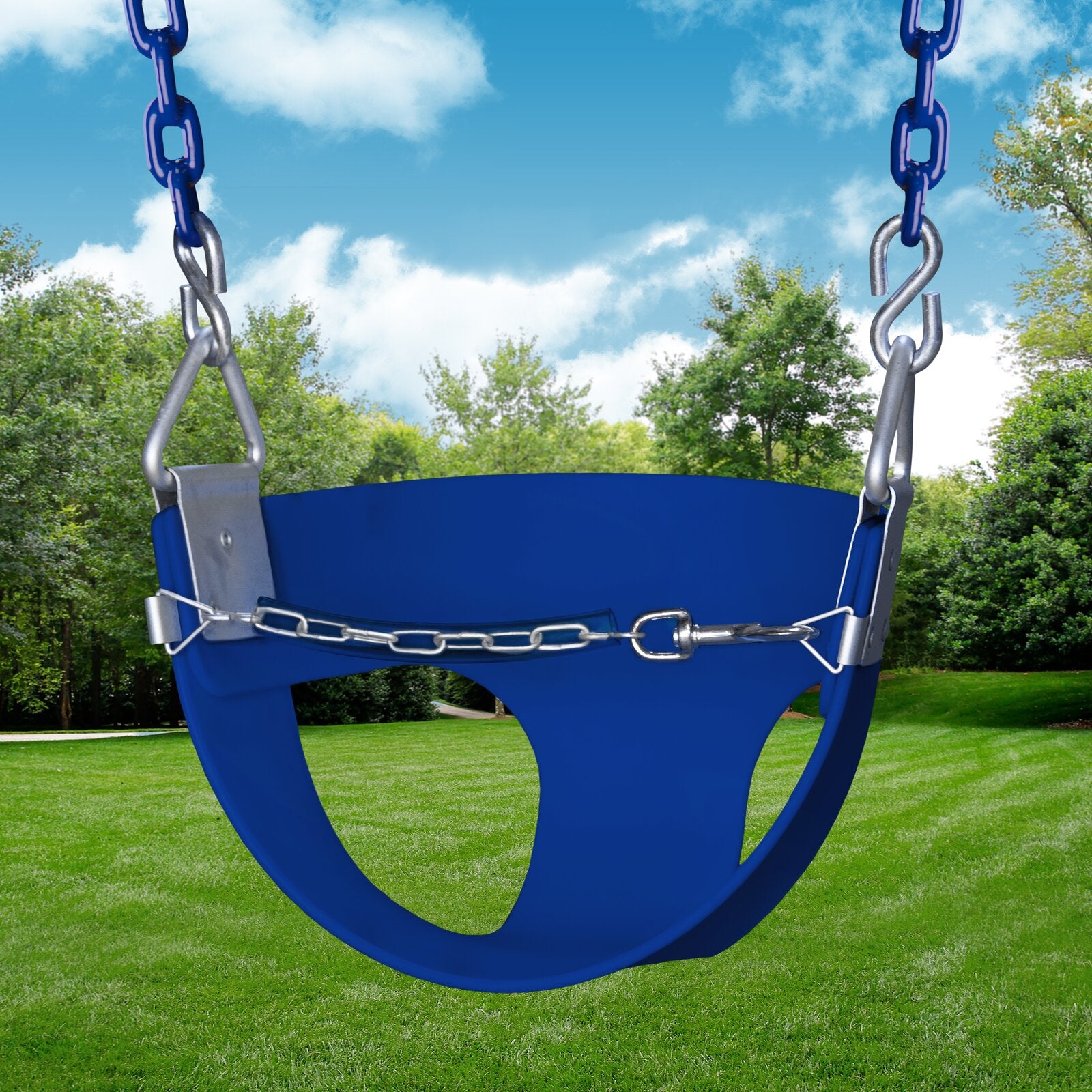 Blue toddler half-bucket swing seat with plastisol-coated chains and front safety chain for playground use