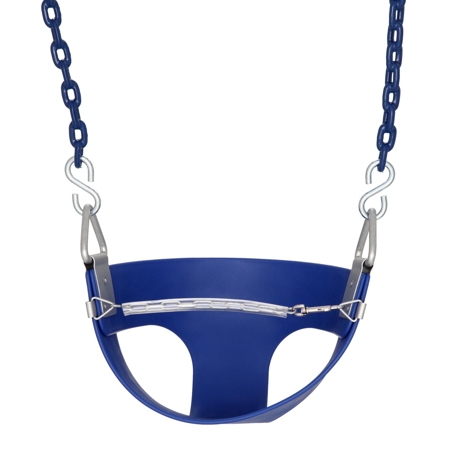Blue toddler half-bucket swing seat with plastisol-coated chains and front safety chain for secure play