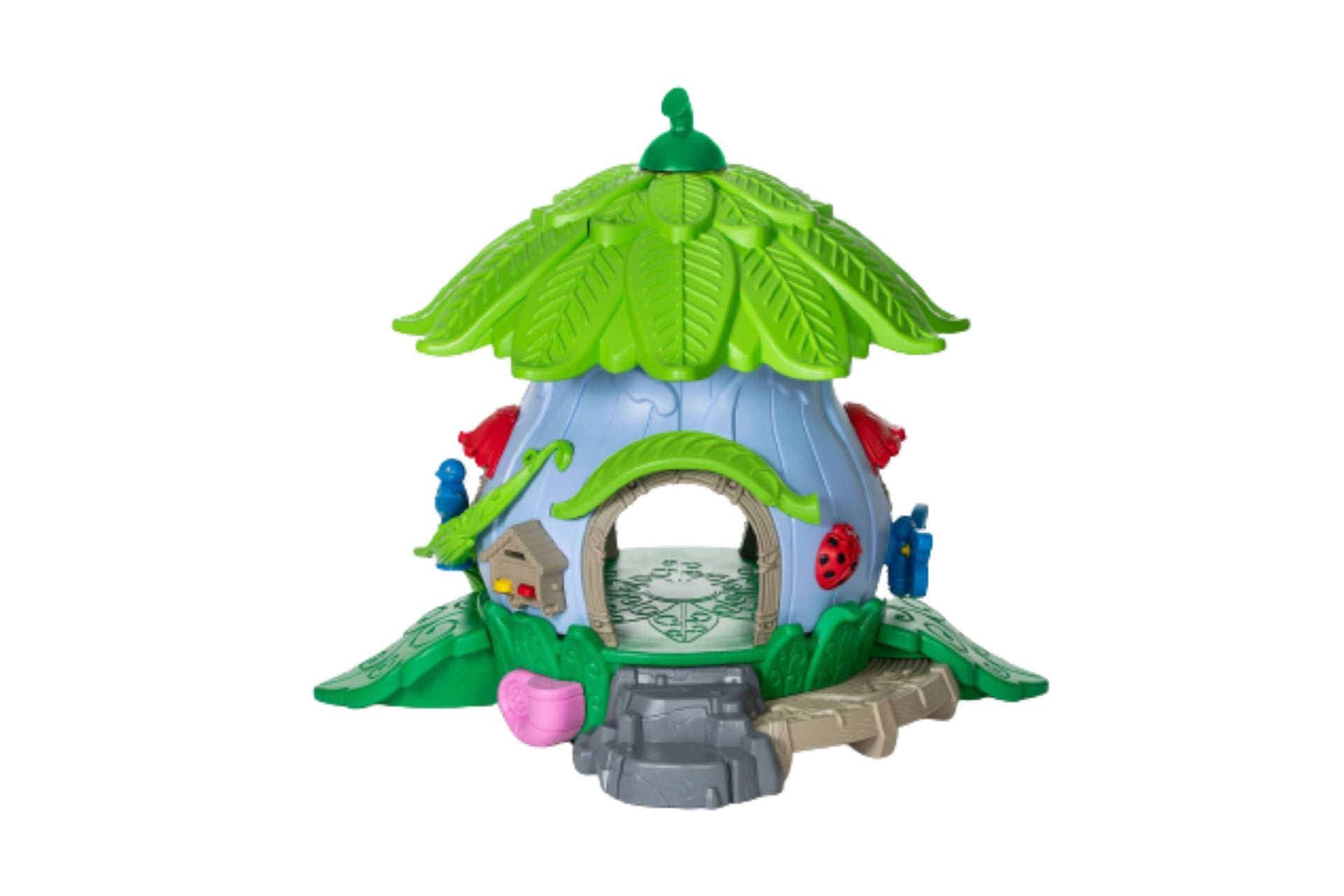 Happy Hollow Playground with green leaf roof, blue base, colorful insect and bird figures on large play system