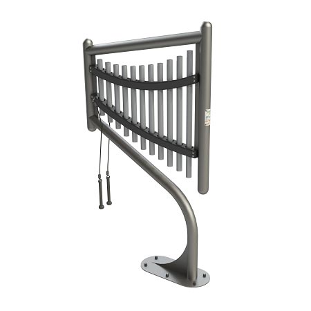 Outdoor musical instrument with curved steel frame and vertical metal chimes, featuring two hanging mallets for interactive play.