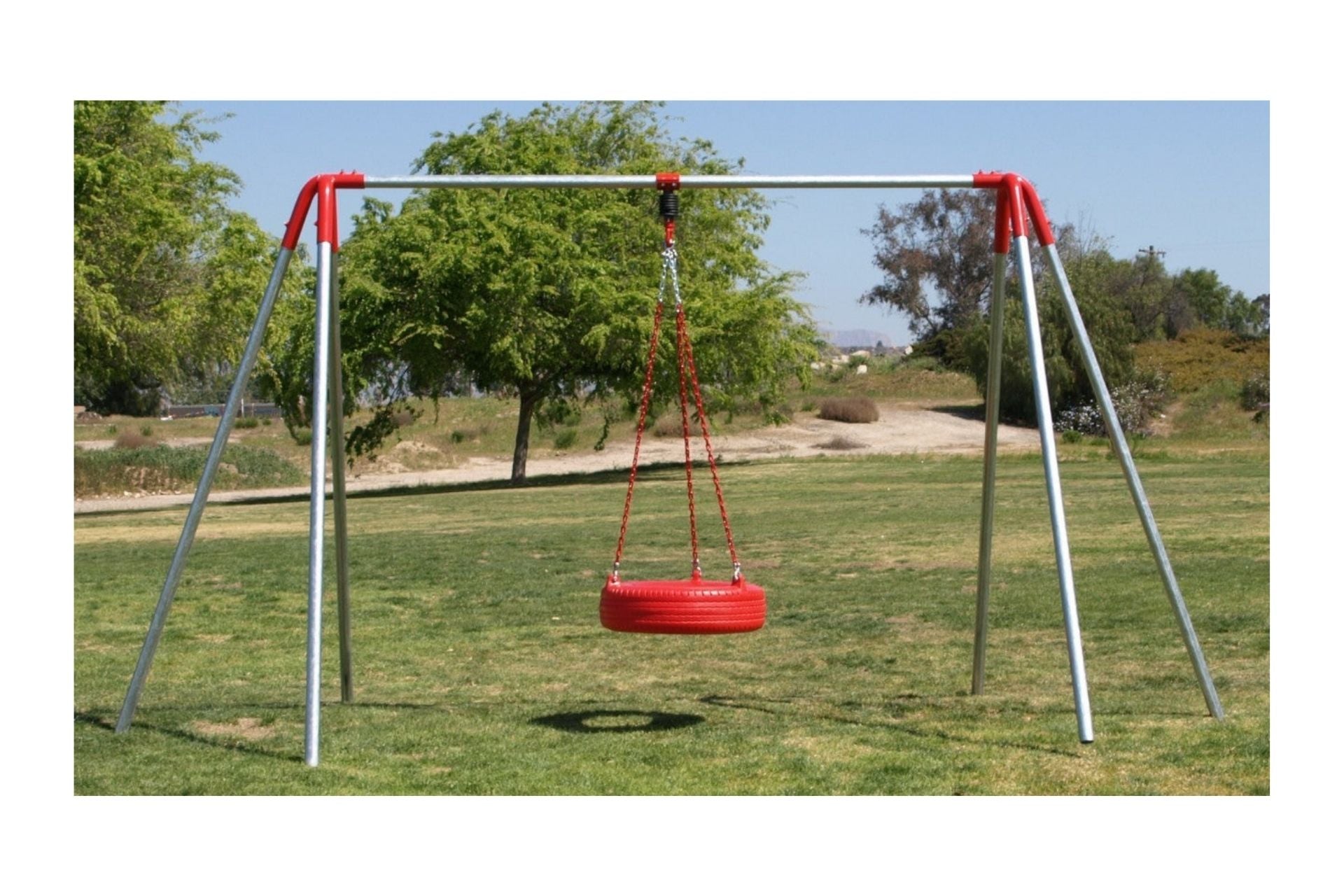 Heavy Duty 6 Foot High Tire Swing with red tire and sturdy metal frame in outdoor playground setting