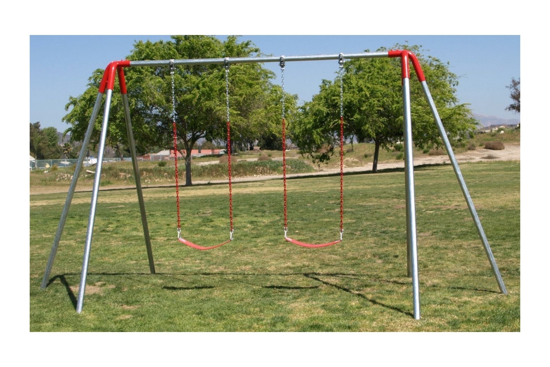 Heavy Duty 8 Foot High Swing Set with two red chain swings and galvanized steel frame on grassy field