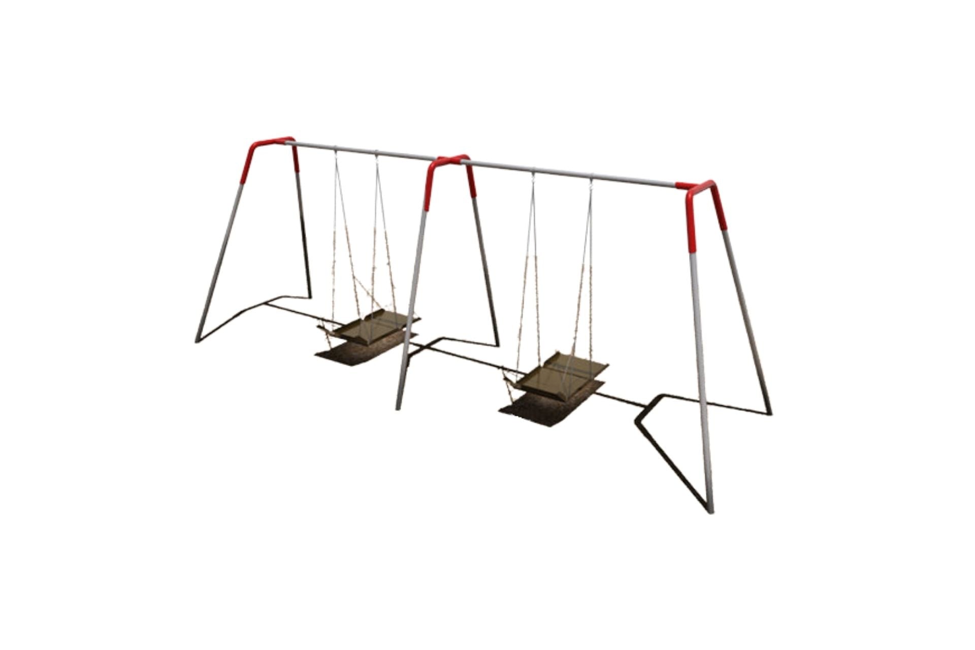 Heavy Duty ADA Swing Set with metal frame, red accents, two platform swings designed for inclusive outdoor play