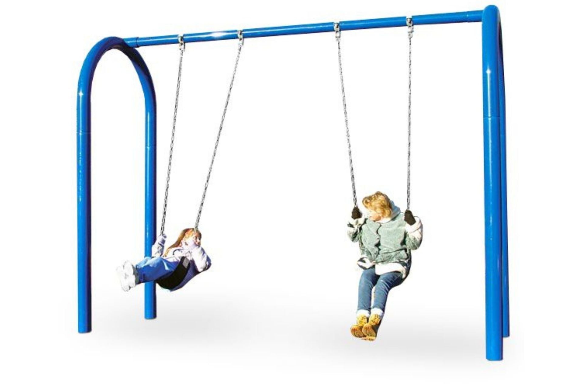Heavy Duty Arch Swing Set with powder-coated blue frame and two black cut-proof seats in outdoor play area