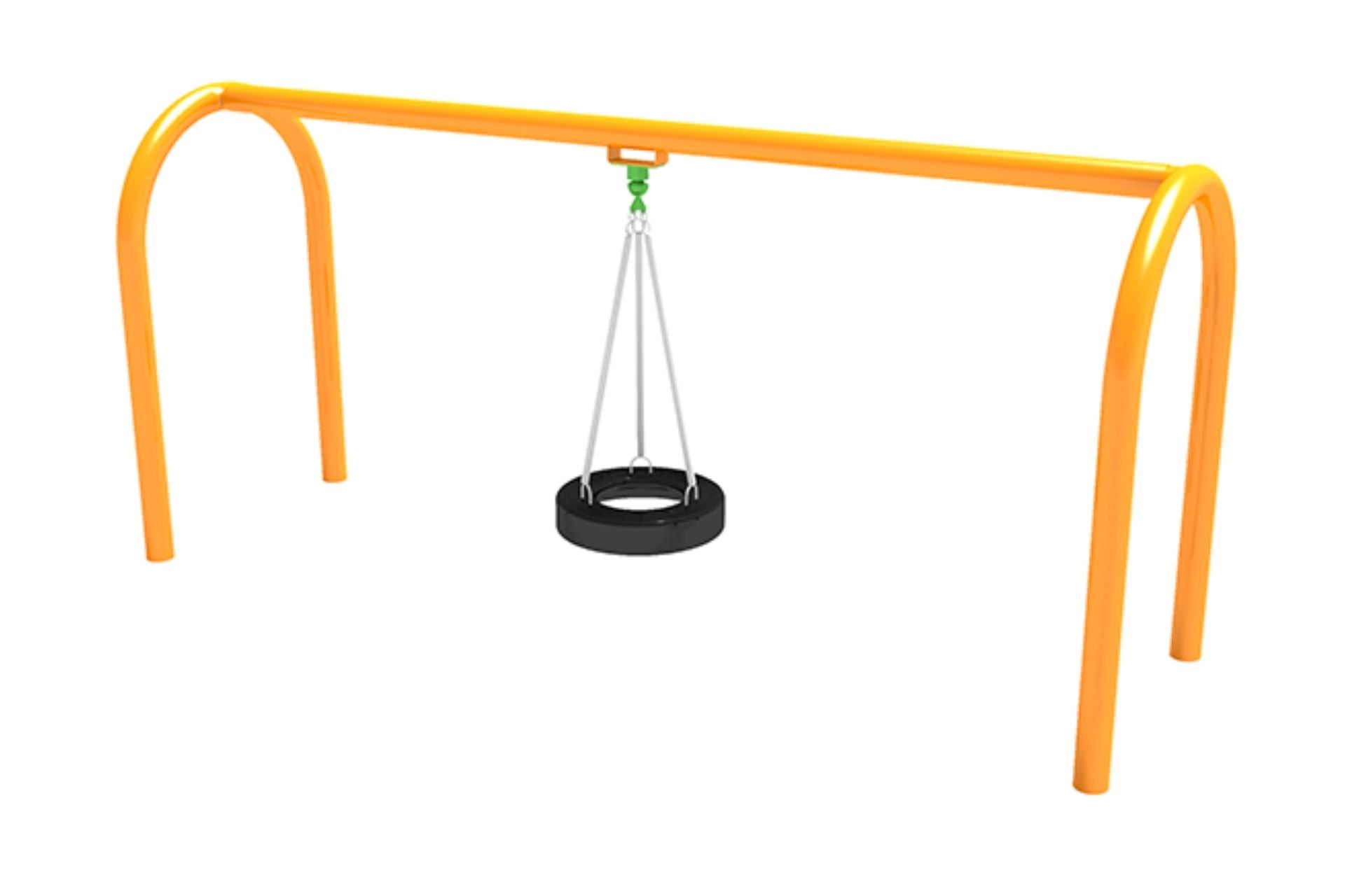 Heavy Duty Arch Tire Swing Set with bright orange arch frame and black rotationally-molded tire swing suspended by white ropes