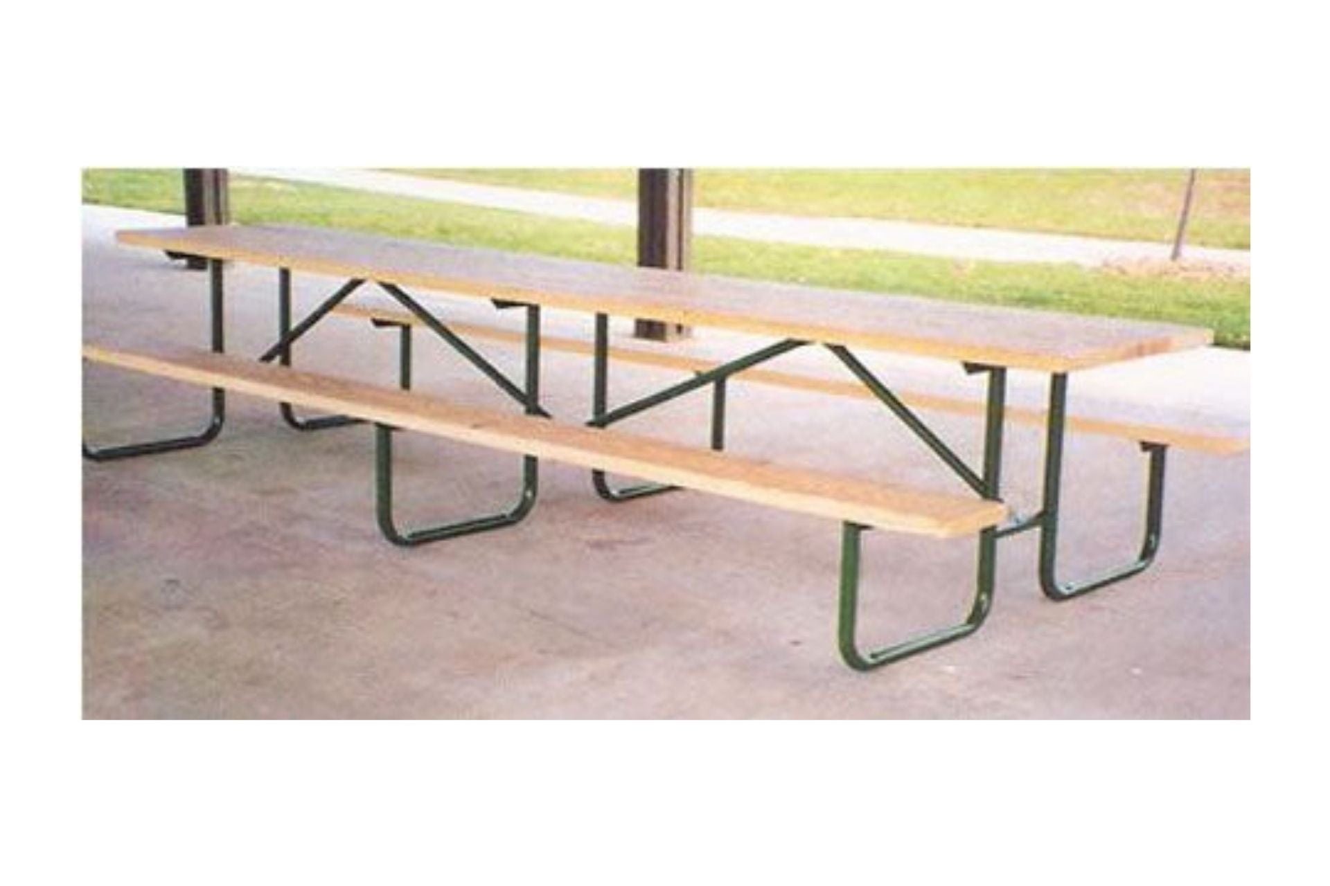 Heavy Duty Picnic Table 238 with treated wooden top and green steel frame under outdoor park shelter