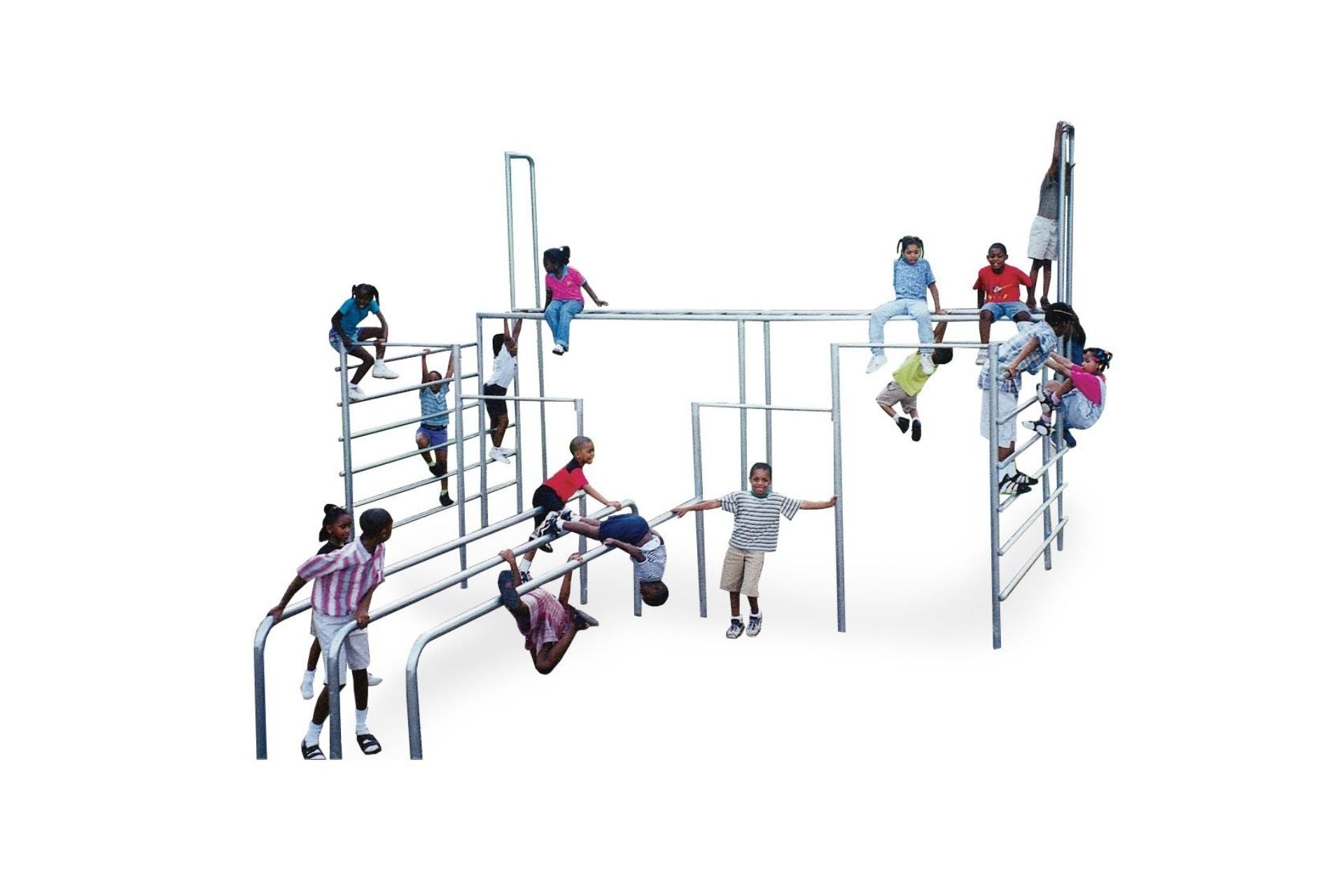 Hercules III Climber galvanized steel jungle gym with children climbing on horizontal ladder, chinning bar, and parallel bars
